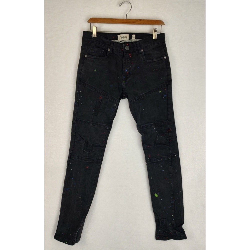 FWRD Denim Mens 30x30 Black Paint Splatter Moto Skinny Distressed Jeans Ribbed